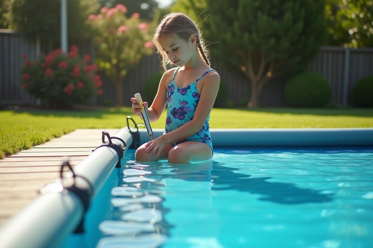 Jeune fille vérifiant un thermometre dans la piscine