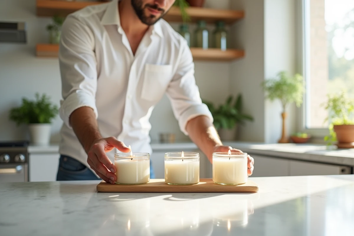 Jeune homme arrangeant des bougies dans une cuisine lumineuse