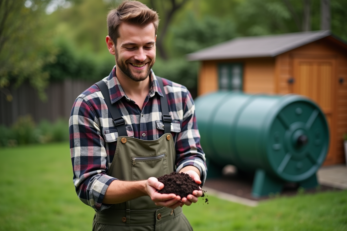 Jeune homme examinant du compost dans le jardin