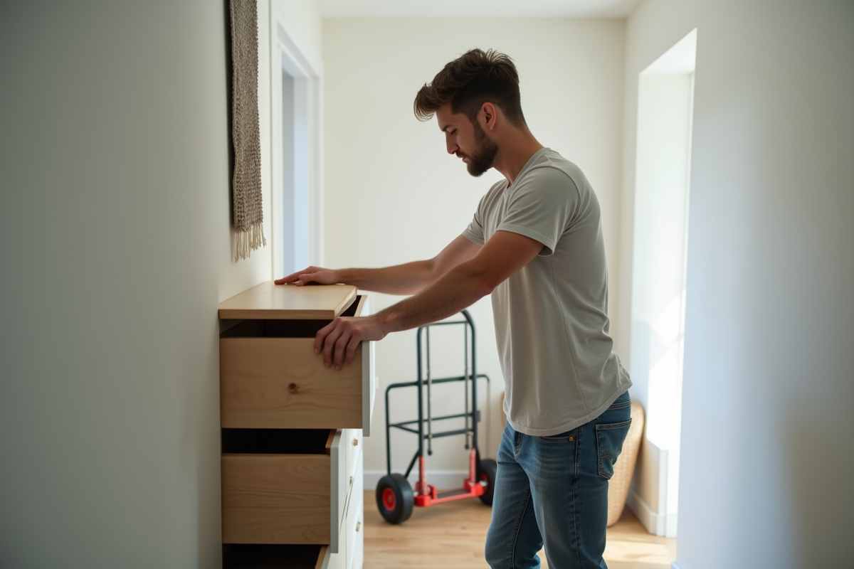 Jeune homme poussant un tiroir dans un couloir moderne