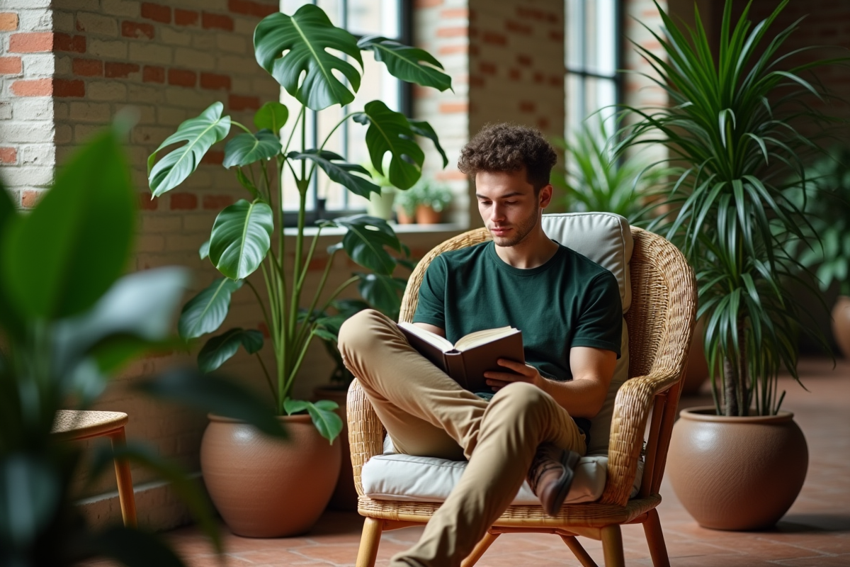 Jeune homme lisant parmi des plantes dans une véranda chaleureuse