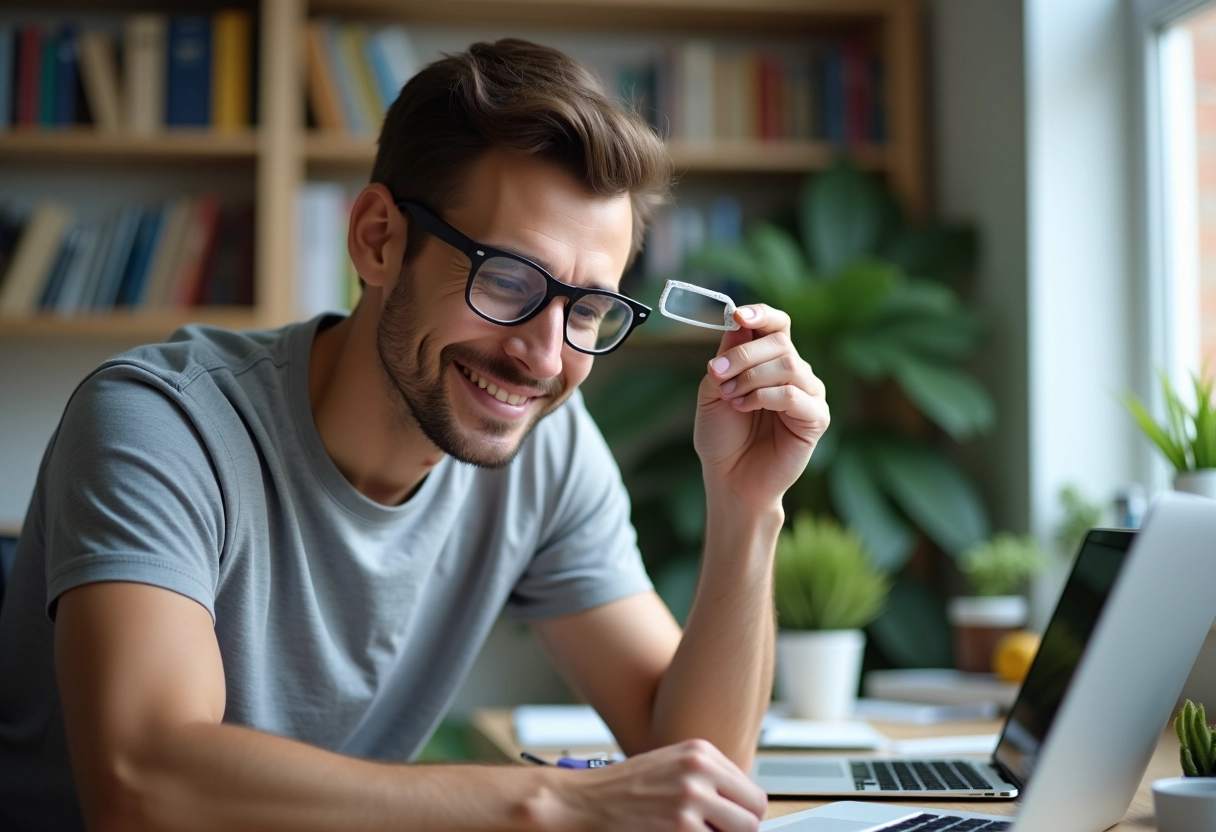 Jeune homme examinant ses lunettes réparées avec satisfaction