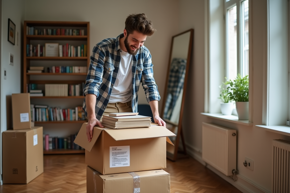 Jeune homme scotchant une caisse de livres dans le couloir