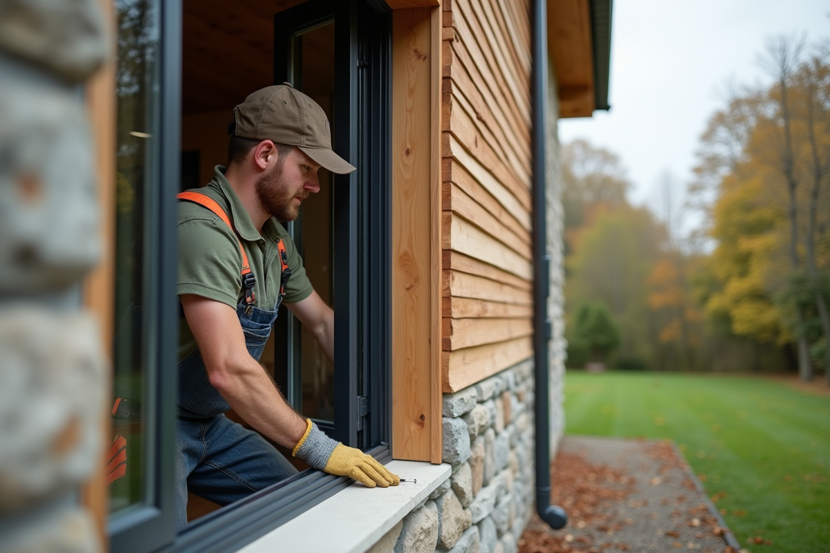 Jeune menuisier posant une fenêtre haute efficacité sur une façade moderne