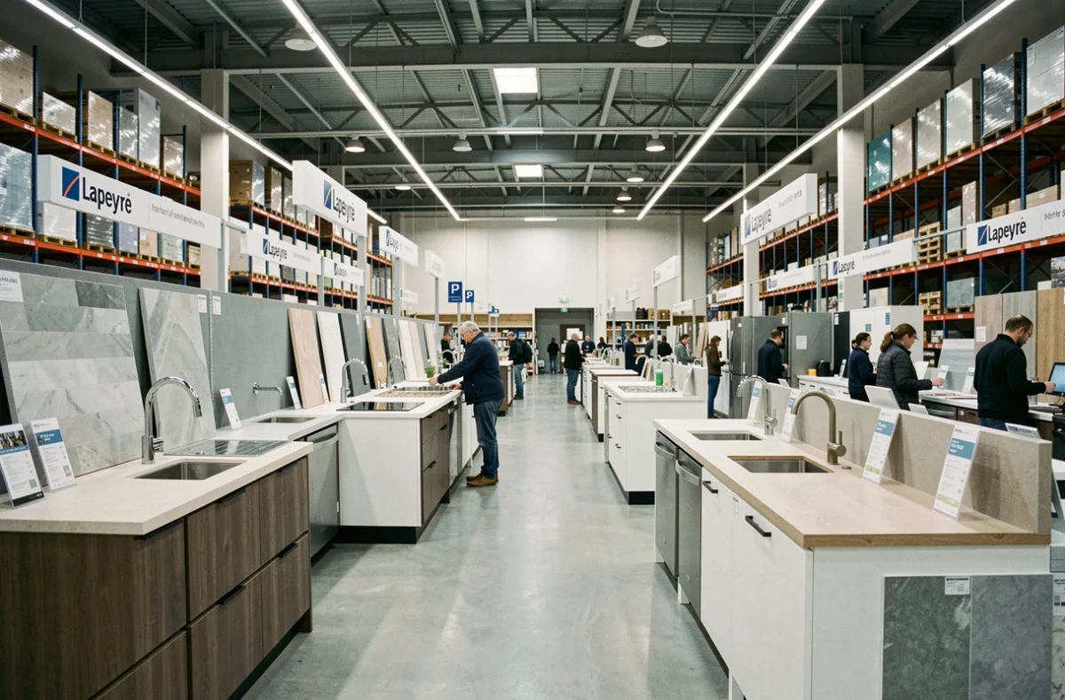 Rayon cuisine de Lapeyre avec modules exposés, robinetterie et carrelage dans un magasin de la Somme