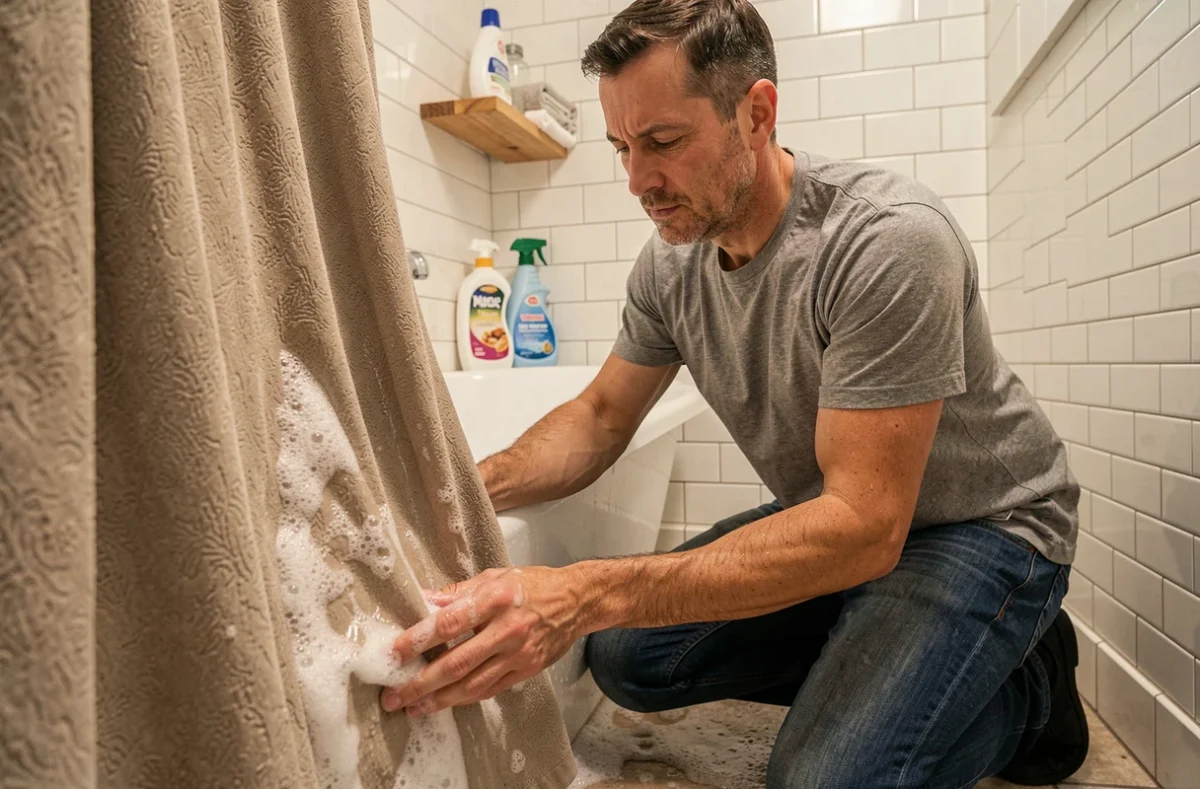 Lavage à la main d'un rideau thermique dans une baignoire pour préserver ses performances isolantes