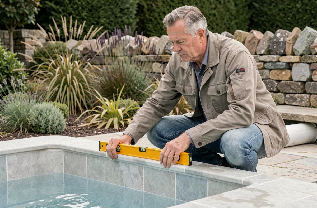 Luc Rondeau, constructeur de piscines indépendant, inspectant le carrelage d'une piscine fraîchement réalisée dans un jardin breton