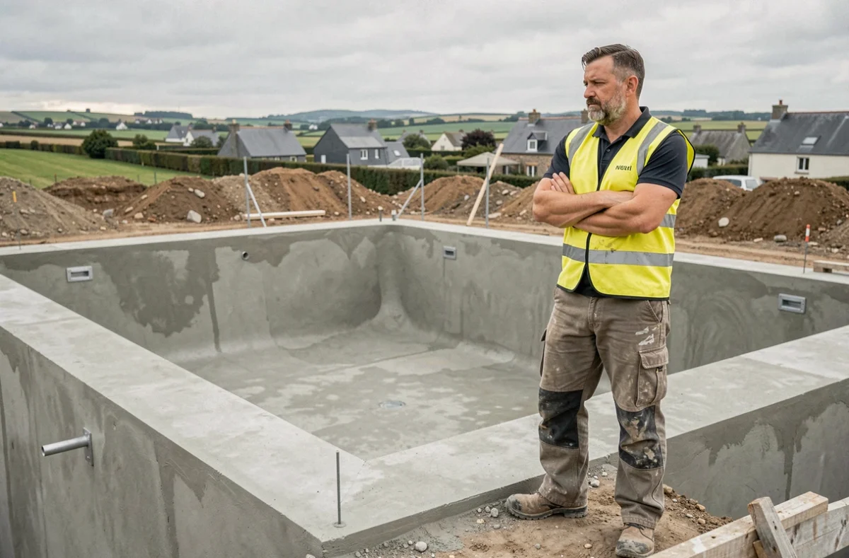 Macedo Joao, entrepreneur en construction de piscines, debout au bord d'une piscine enduite fraîchement réalisée sur un chantier résidentiel en Bretagne