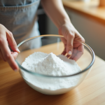 Mains mélangeant bicarbonate et vinaigre dans un bol sur une table en bois