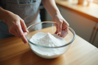 Mains mélangeant bicarbonate et vinaigre dans un bol sur une table en bois