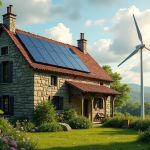 Maison ancienne avec panneaux solaires et éolienne dans le jardin