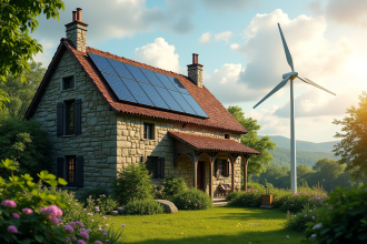 Maison ancienne avec panneaux solaires et éolienne dans le jardin