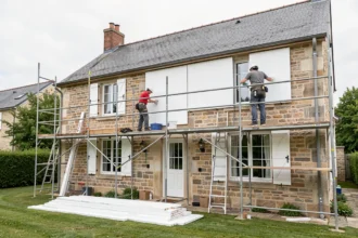 Maison individuelle dont la façade reçoit des panneaux isolants