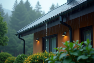 Maison moderne avec toit incliné sous une pluie douce