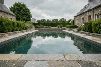 Vue grand angle d'une piscine extérieure aménagée dans un jardin breton avec terrasse en pierre naturelle et haies verdoyantes