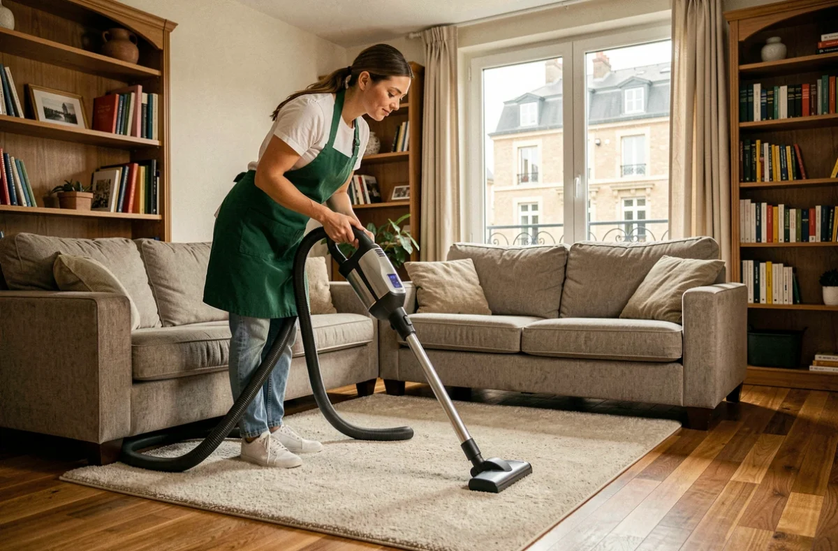 Professionnelle de ménage passant l'aspirateur dans un salon d'appartement en Seine-Saint-Denis