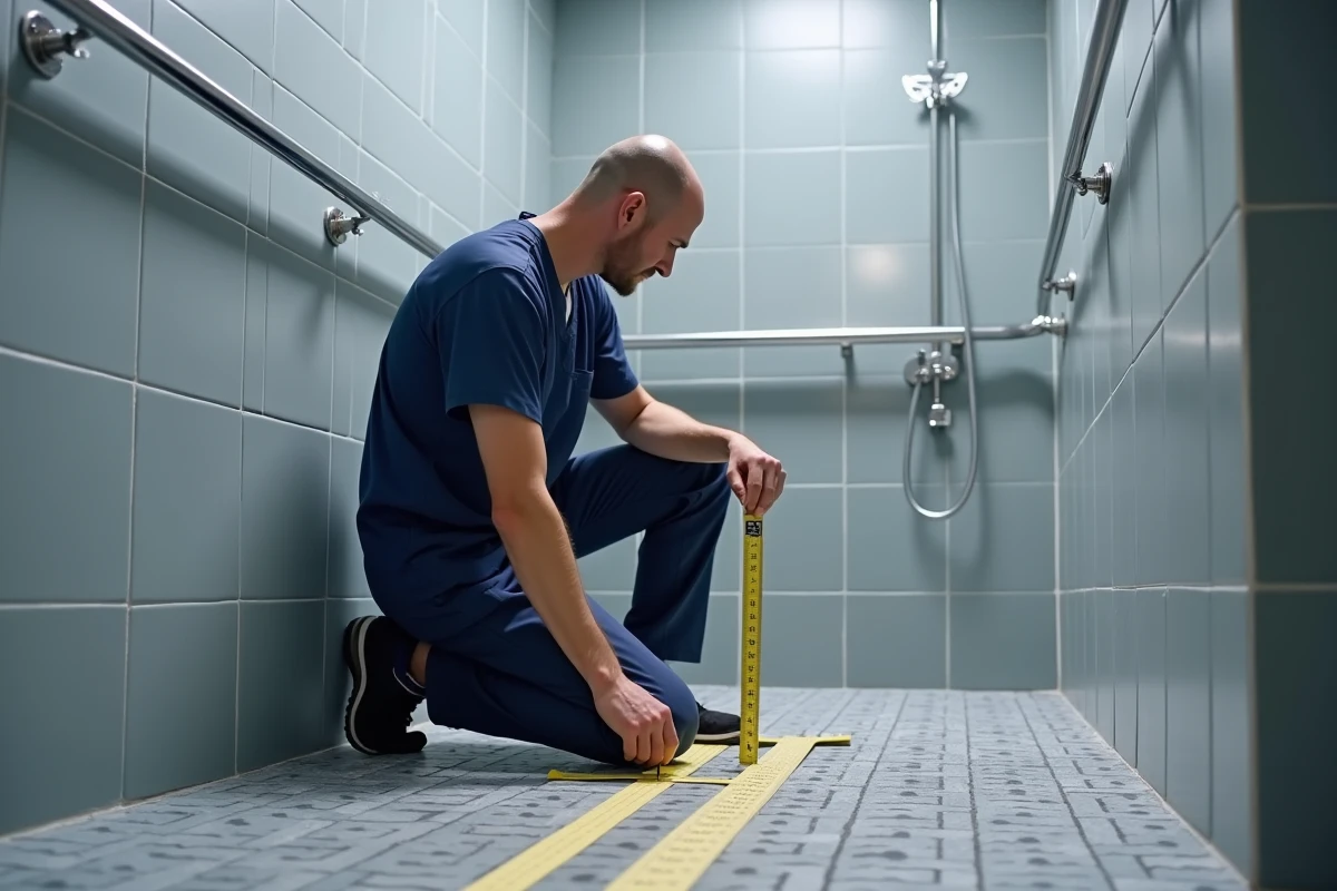 Ergothérapeute mesurant la taille d'une douche PMR adaptée en milieu médical avec rails de maintien