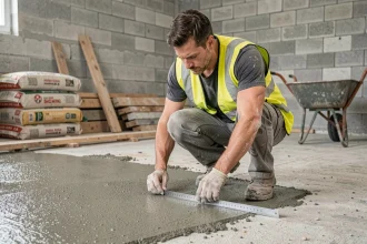 Ouvrier mesurant l'épaisseur d'une chape fraîchement coulée sur un chantier de rénovation intérieure