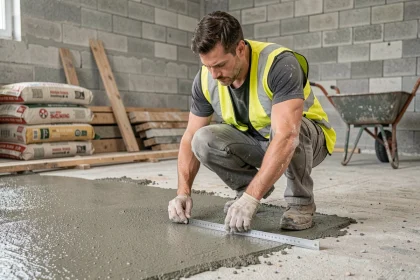 Ouvrier mesurant l'épaisseur d'une chape fraîchement coulée sur un chantier de rénovation intérieure