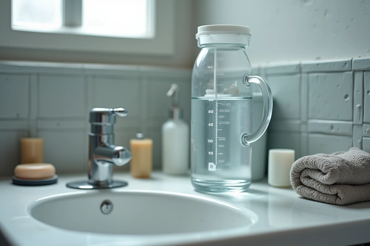 Carafe d'eau graduée et compteur d'eau posés sur un lavabo de salle de bain française, symbolisant la mesure de la consommation d'eau par douche