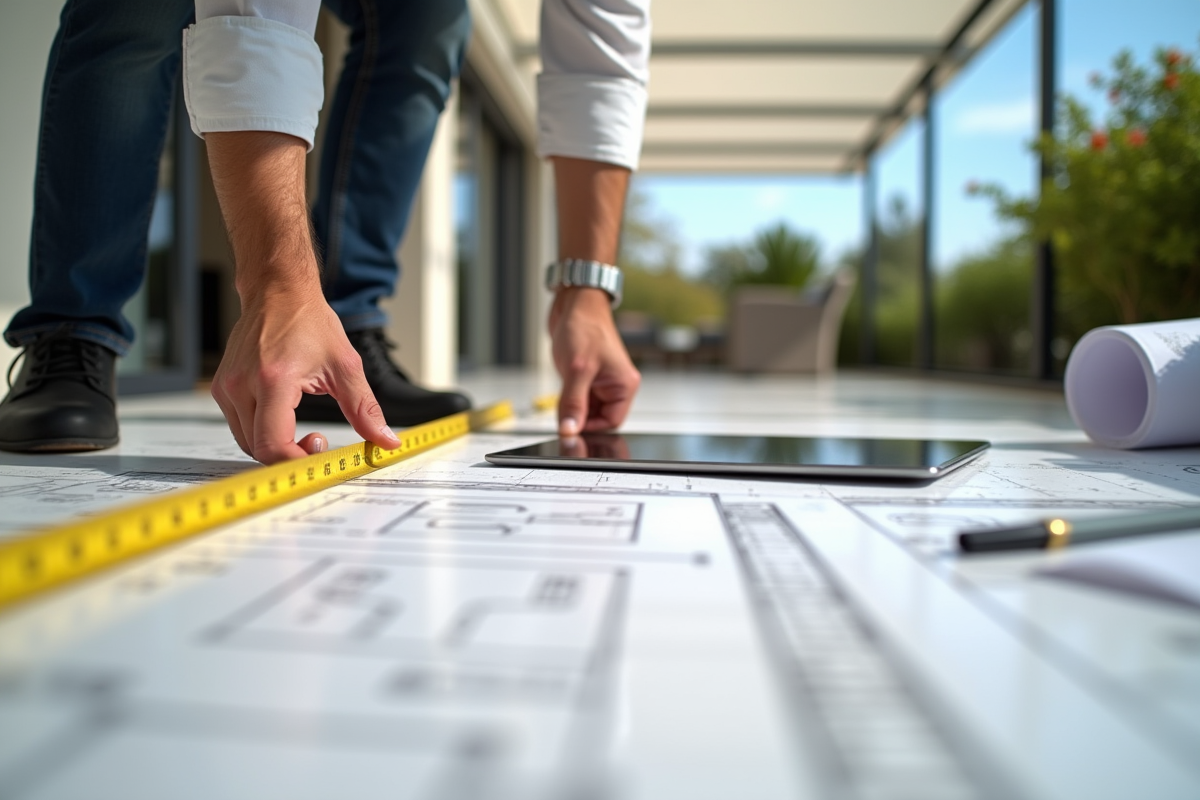 Architecte mesurant une terrasse extérieure avec un ruban et une tablette