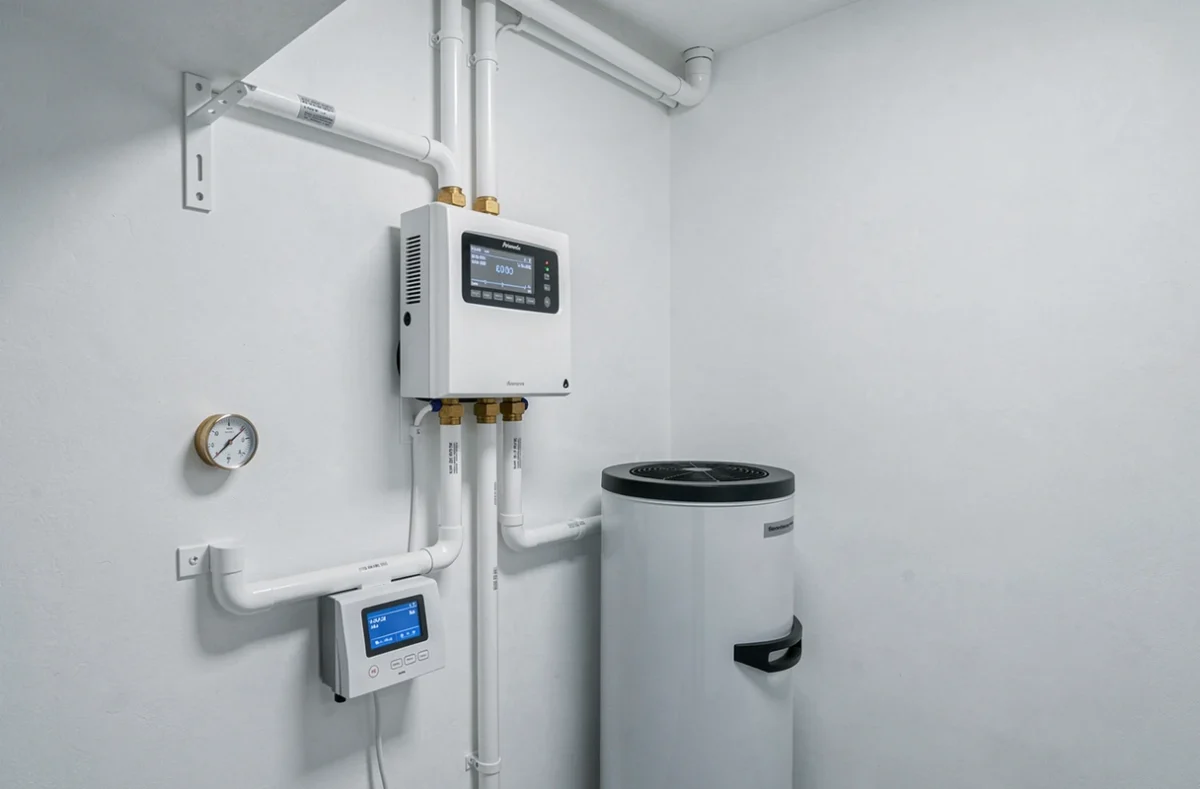 Module hydraulique intérieur d'une pompe à chaleur air-eau avec ballon tampon et tableau de contrôle