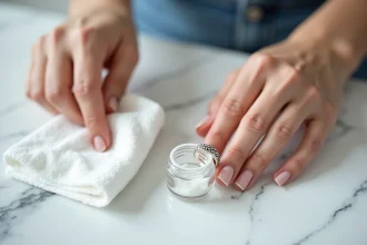 Femme polissant une bague en argent avec un produit nettoyant sur un plan de travail en marbre blanc