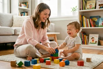 Nounou professionnelle jouant avec un bambin sur le sol d'un salon familial chaleureux