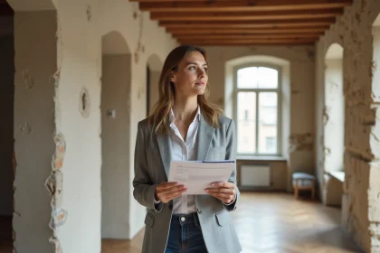 Nouvelle propriétaire tenant ses clés et des documents dans un couloir en cours de rénovation avec parquet ancien et murs en pierre