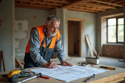 Ouvrier en overalls consulte des plans de construction