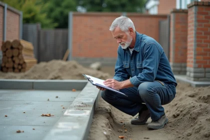 Ouvrier en bleu examinant un plan de construction extérieur