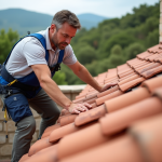 Couvreur middleaged posant des tuiles romaines sur un toit