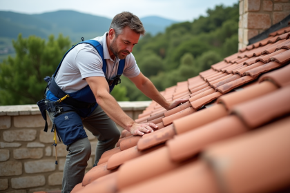 Couvreur middleaged posant des tuiles romaines sur un toit
