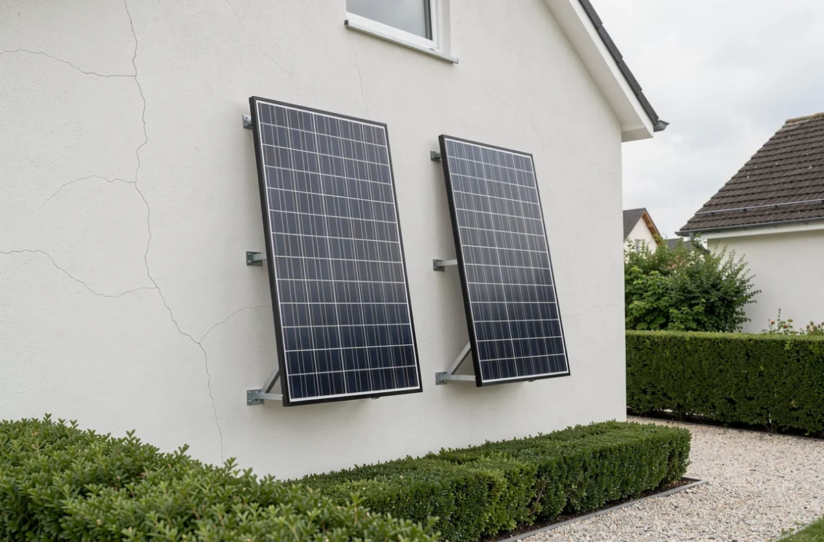 Deux panneaux solaires fixés sur un mur vertical enduit d'une maison individuelle avec jardin