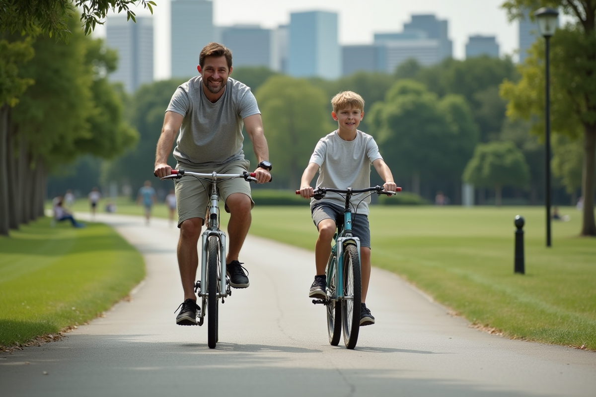 Pere et fils faisant du vélo dans un parc urbain