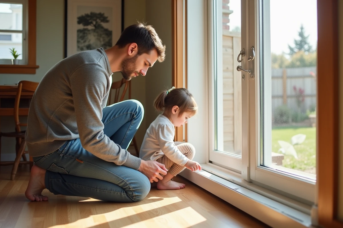 Père installant un joint de fenêtre avec sa fille dans la lumière du jour