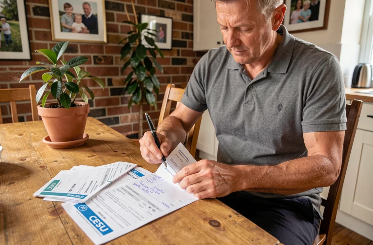 Particulier employeur remplissant un chèque CESU à la maison pour payer son aide ménagère, documents et carnet CESU sur la table