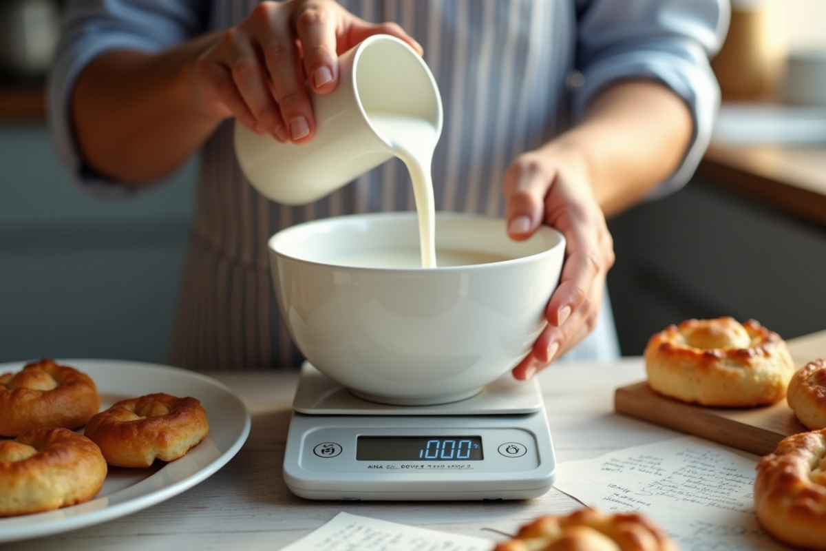 Pateur verse du lait dans un bol avec pâtisseries fraîches