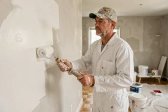 Peintre professionnel appliquant de la peinture blanche au rouleau sur un mur lors d'une rénovation intérieure