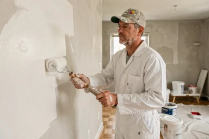 Peintre professionnel appliquant de la peinture blanche au rouleau sur un mur lors d'une rénovation intérieure