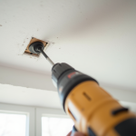 Main utilisant une perceuse pour fixer une tringle au plafond