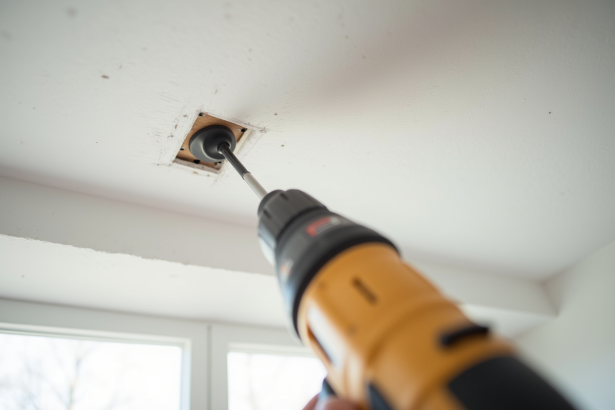 Main utilisant une perceuse pour fixer une tringle au plafond