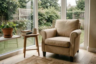 Petit salon avec baie vitrée et coin lecture cosy, fauteuil en lin beige, livres et plante verte sur parquet en bouleau