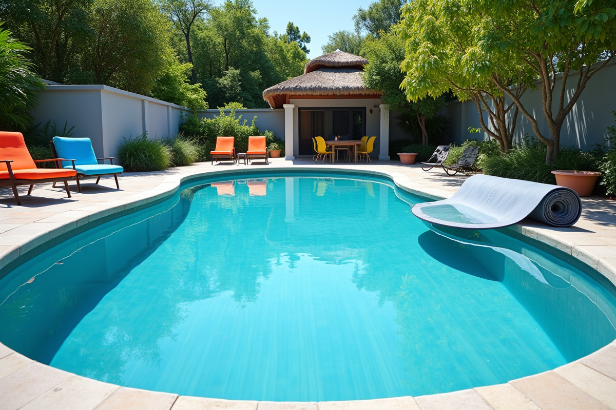 Piscine en forme de rein avec couverture partiellement déroulée