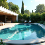 Piscine ovale moderne dans un jardin verdoyant ensoleille