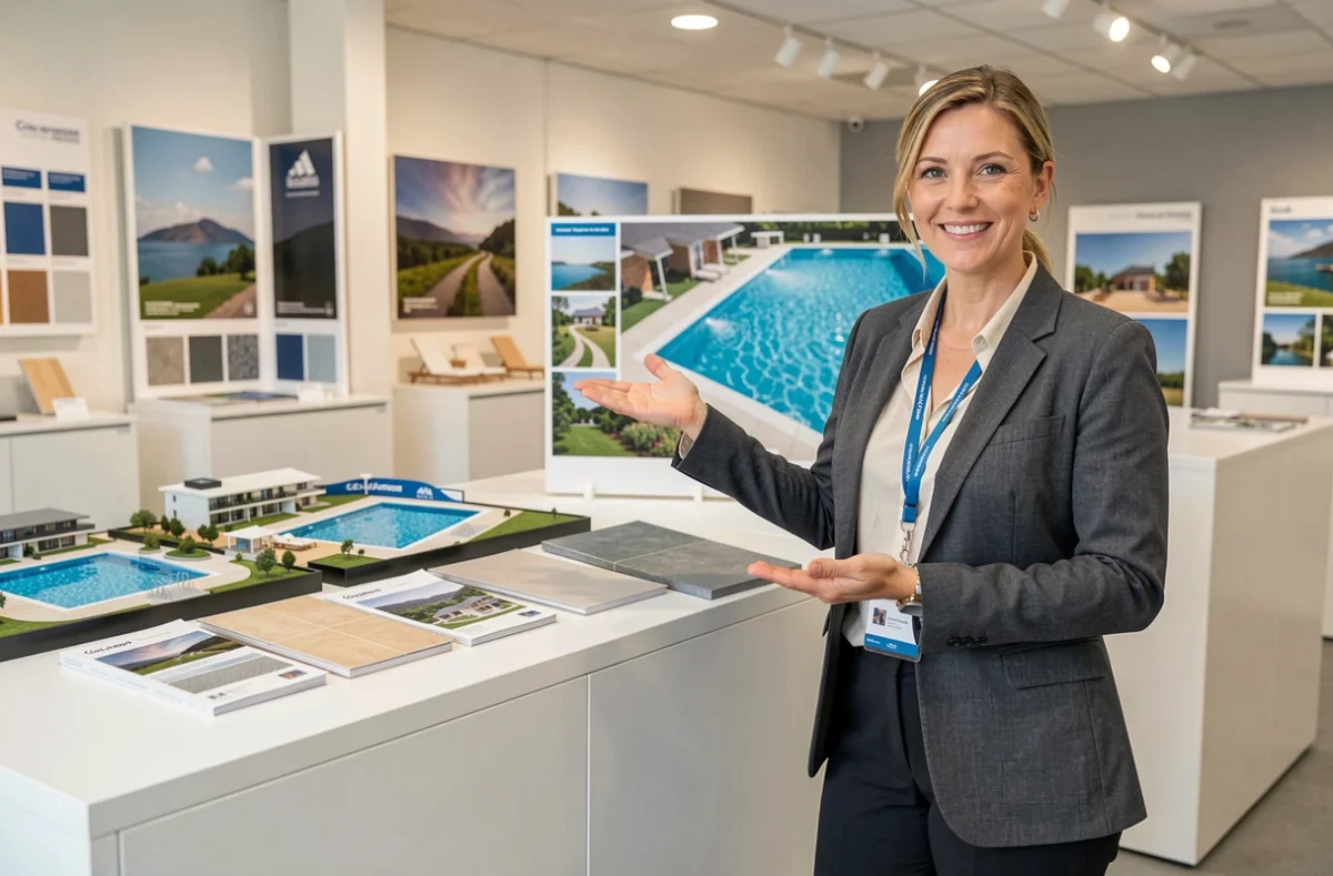 Conseillère commerciale de Piscines de France agence Côtes-d'Armor dans un showroom moderne présentant des modèles de piscines et échantillons de carrelage