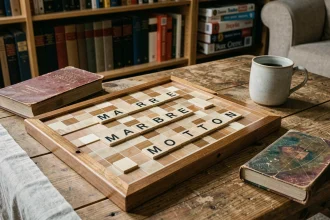 Plateau de Scrabble avec des mots en M formés sur des lettres en bois posées sur une table en chêne rustique avec un dictionnaire ouvert