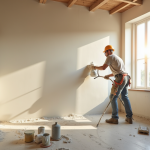 Plâtrier professionnel appliquant un enduit intérieur moderne