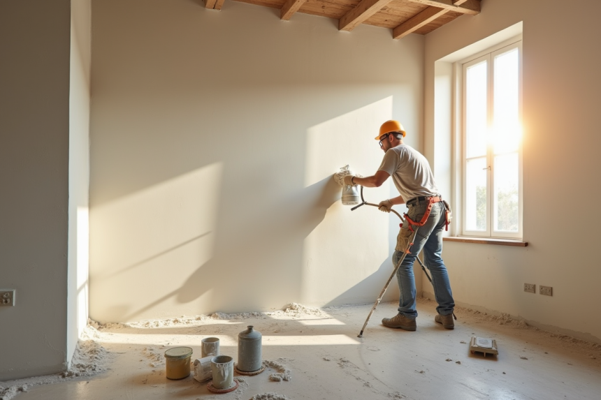Plâtrier professionnel appliquant un enduit intérieur moderne