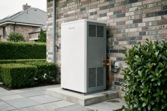 Pompe à chaleur air-eau installée en extérieur sur dalle béton contre une maison individuelle moderne